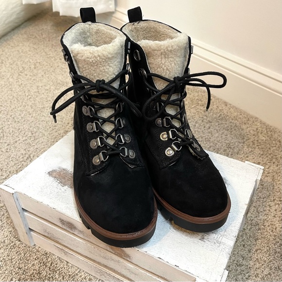 Cliffs By White Mountain Black Suede Sherpa Lined Hiking Gorpcore Boots - Picture 5 of 15